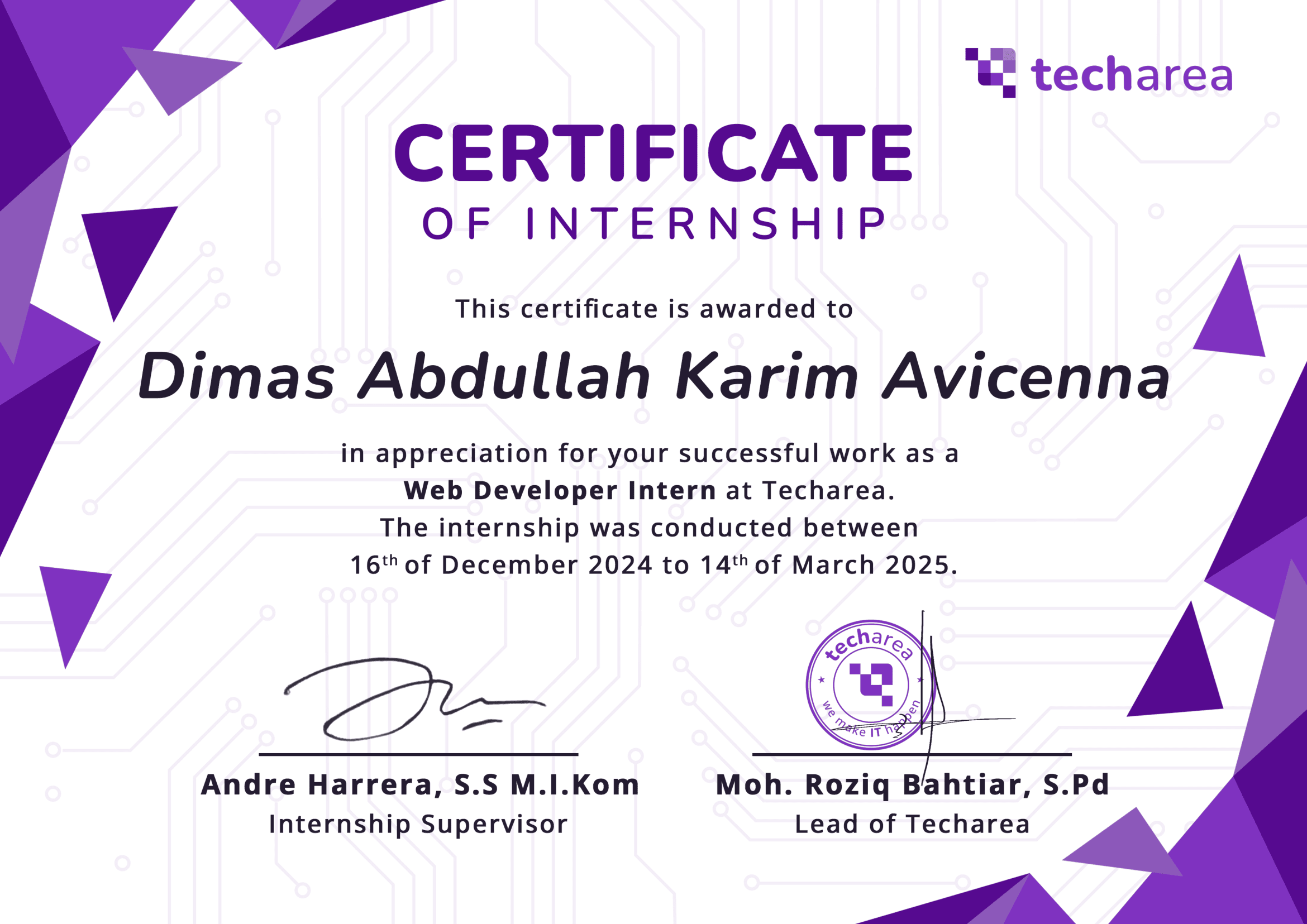 Certificate of Internship - Techarea