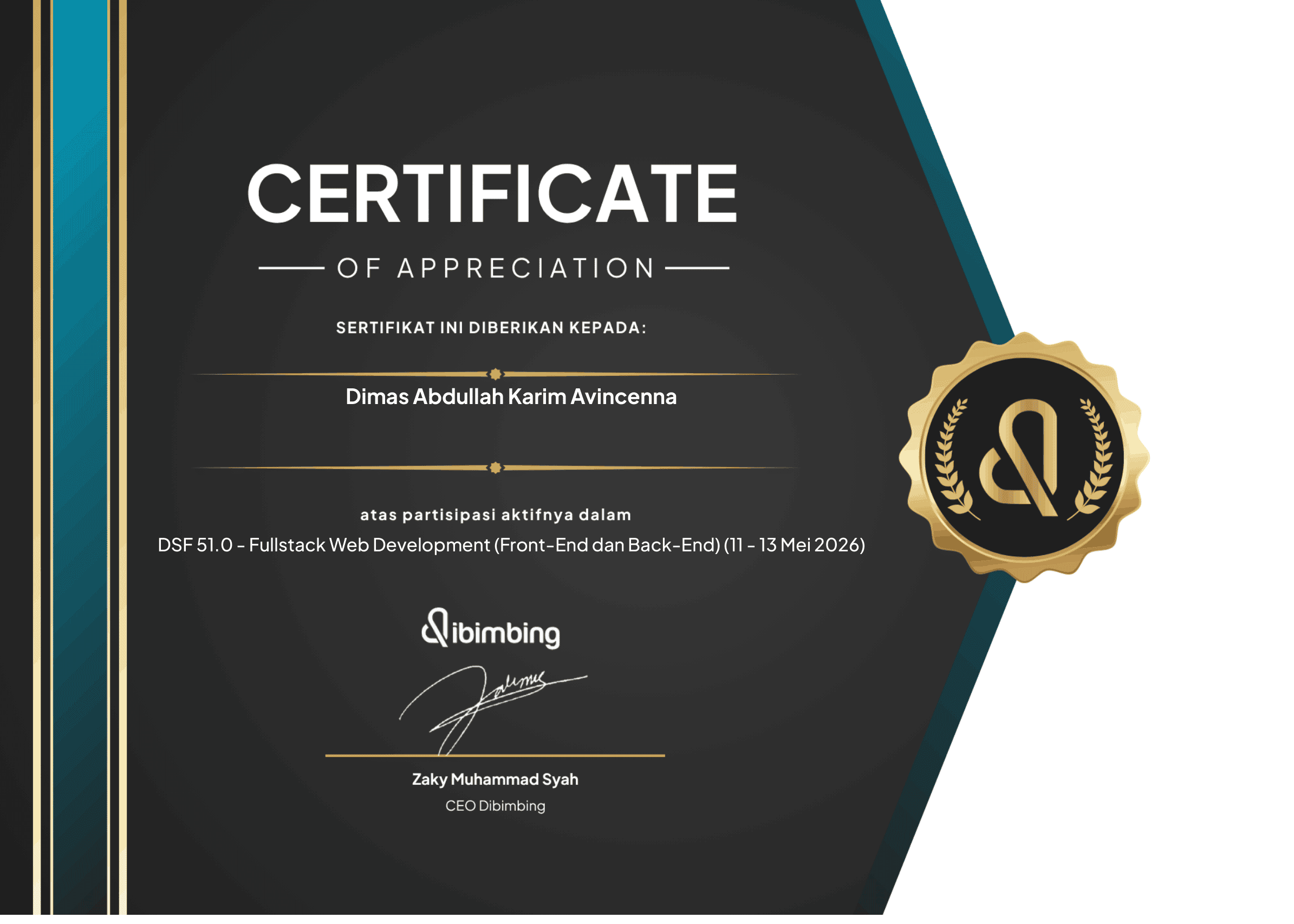 Certificate of Appreciation - Dibimbing